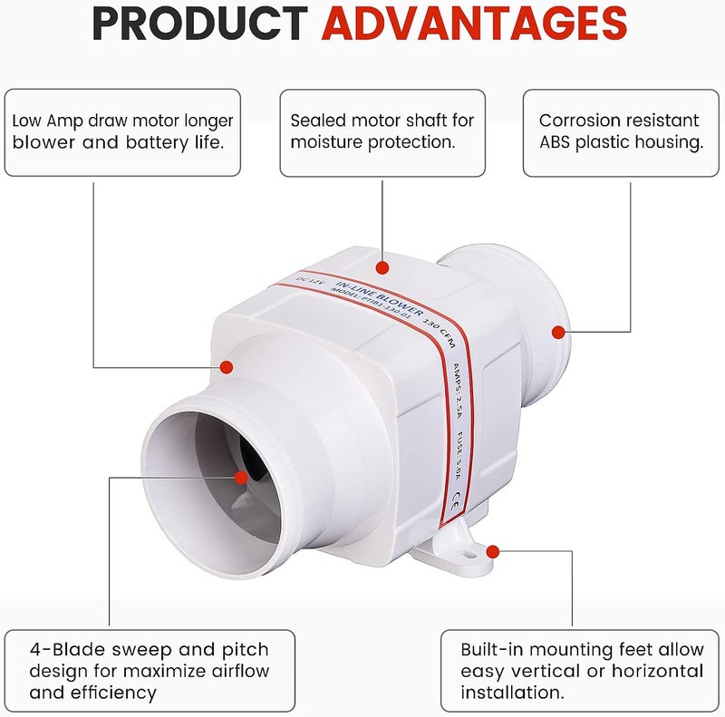 DC HOUSE 3'' in-Line Marine Bilge Air Boat Blower 12V Electric 130 CFM White - Image 2